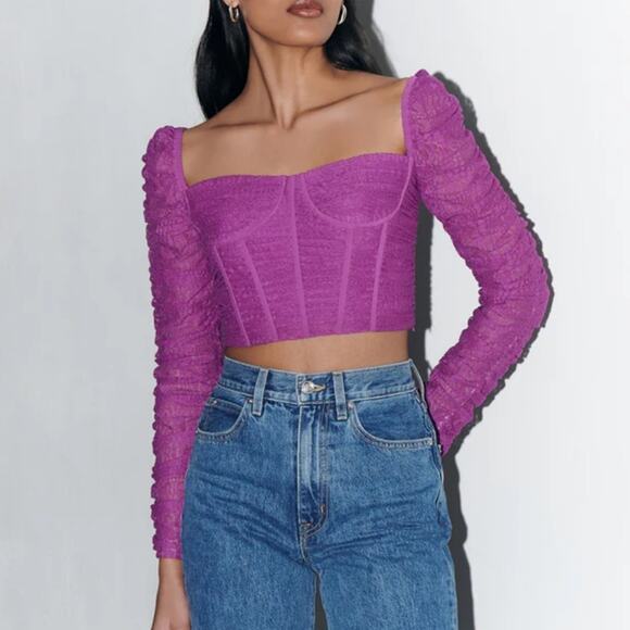 NEW SAYLOR Purple Cropped Lace Long Sleeve Corset Blouse Crop Top XS Feminine - Picture 1 of 9